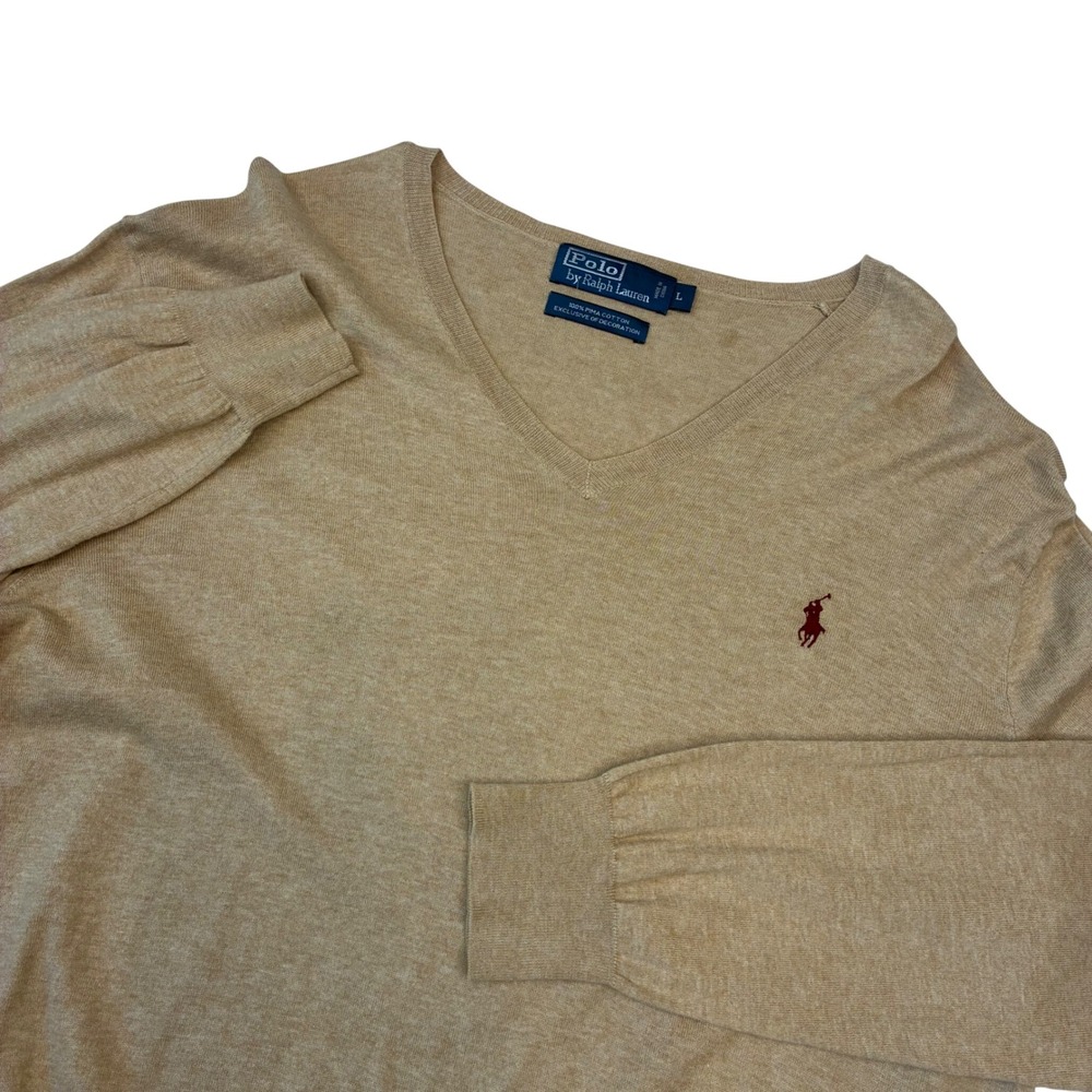 Polo Ralph Lauren Sweater Men L Tan Pima Cotton V-Neck Knit Pony Logo Pullover